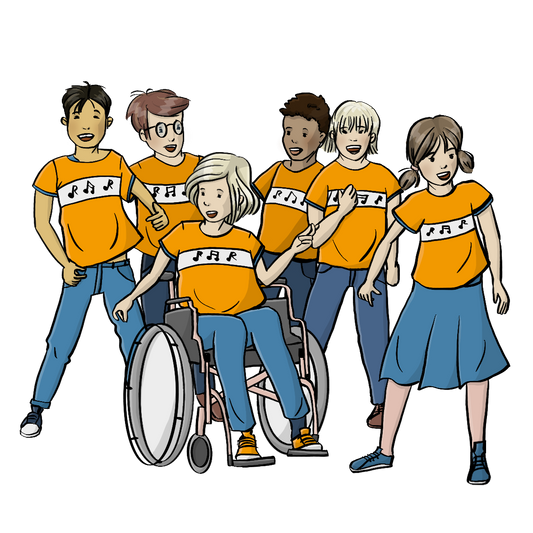 Kinder mit verschiedenen Hautfarben singen zusammen. Es sind Kinder mit und ohne Behinderung. Alle tragen das gleiche orange-farbene T-Shirt mit Noten-Aufdruck. 