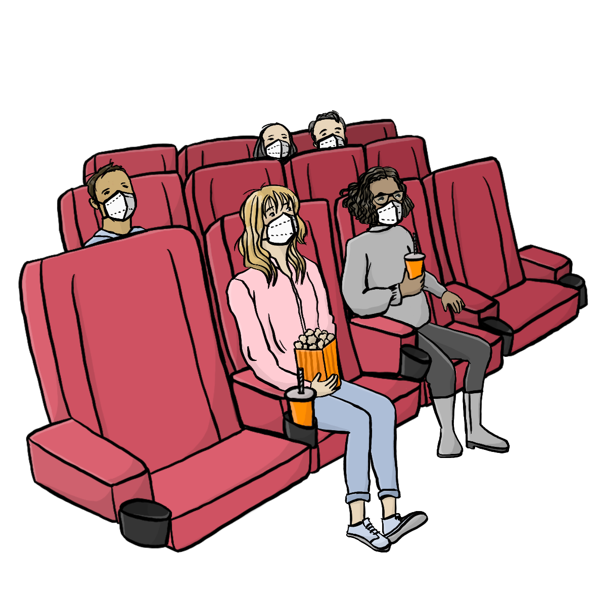 Menschen sitzen auf roten Kino-Sesseln. In der ersten Reihe sitzen zwei Frauen mit Popcorn und Getränken. Alle tragen einen Mundschutz.