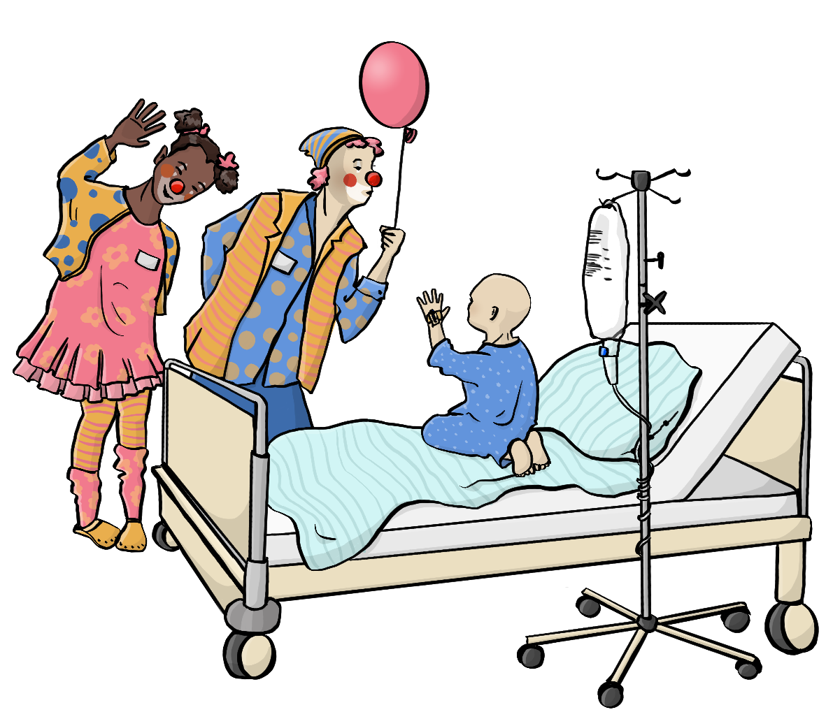 Ein Kleinkind ohne Haare kniet auf einem Krankenhausbett. Neben dem Bett stehen zwei Clowns. Der eine Clown gibt dem Kind einen Luftballon. 