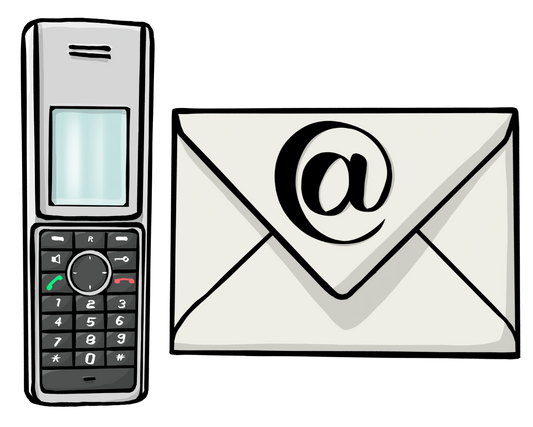 Ein Telefon und ein Briefumschlag mit einem @-Zeichen.