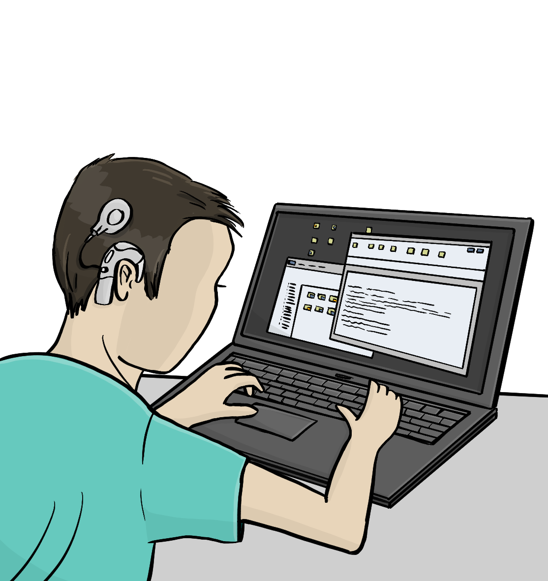 Ein Junge mit einem Cochlear- Implantat sitzt am Laptop. Auf dem Bildschirm ist ein Eingabefeld.