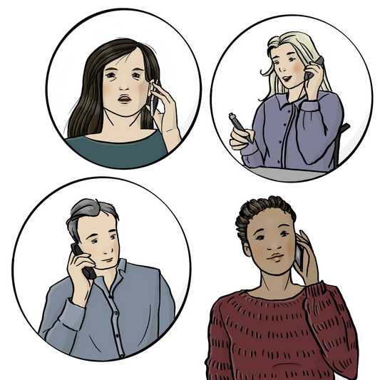 Eine Frau spricht in ein Handy. Um sie herum sind 3 Kreise. In den Kreisen sind weitere telefonierende Menschen.