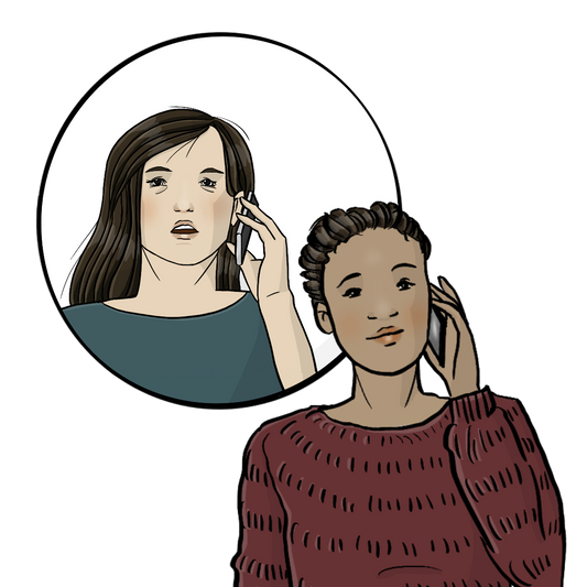 Eine Frau spricht in ein Handy. Neben dem Bild ist ein Kreis. In dem Kreis ist eine andere Frau mit Handy.