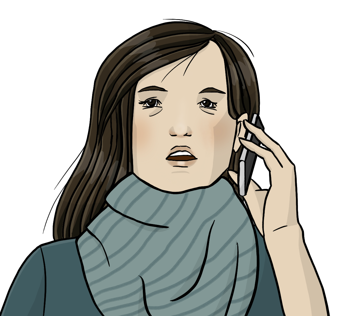 Eine Frau spricht in ein Handy. Sie trägt einen Schal und ihre Augen sind gerötet.