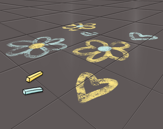 Auf ein Straßenpflaster sind mit Kreide Blumen gemalt. Daneben liegen Kreidestücke.