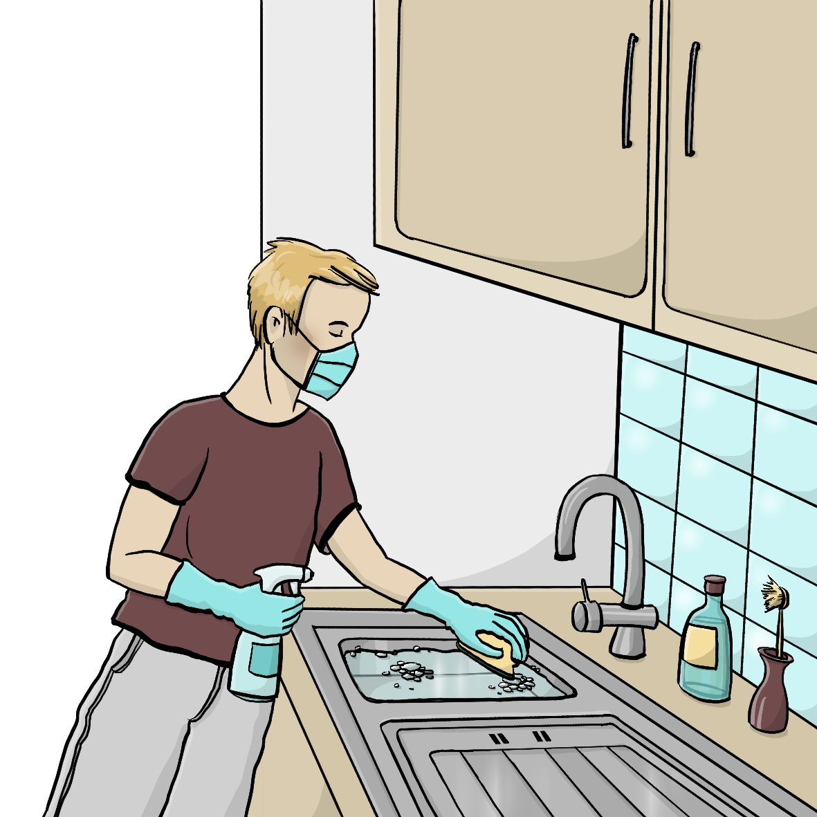 Ein Mann wischt ein Waschbecken in der Küche mit einem Schwamm ab. Er trägt Handschuhe und einen Mundschutz und hält eine Sprühflasche in der Hand. 