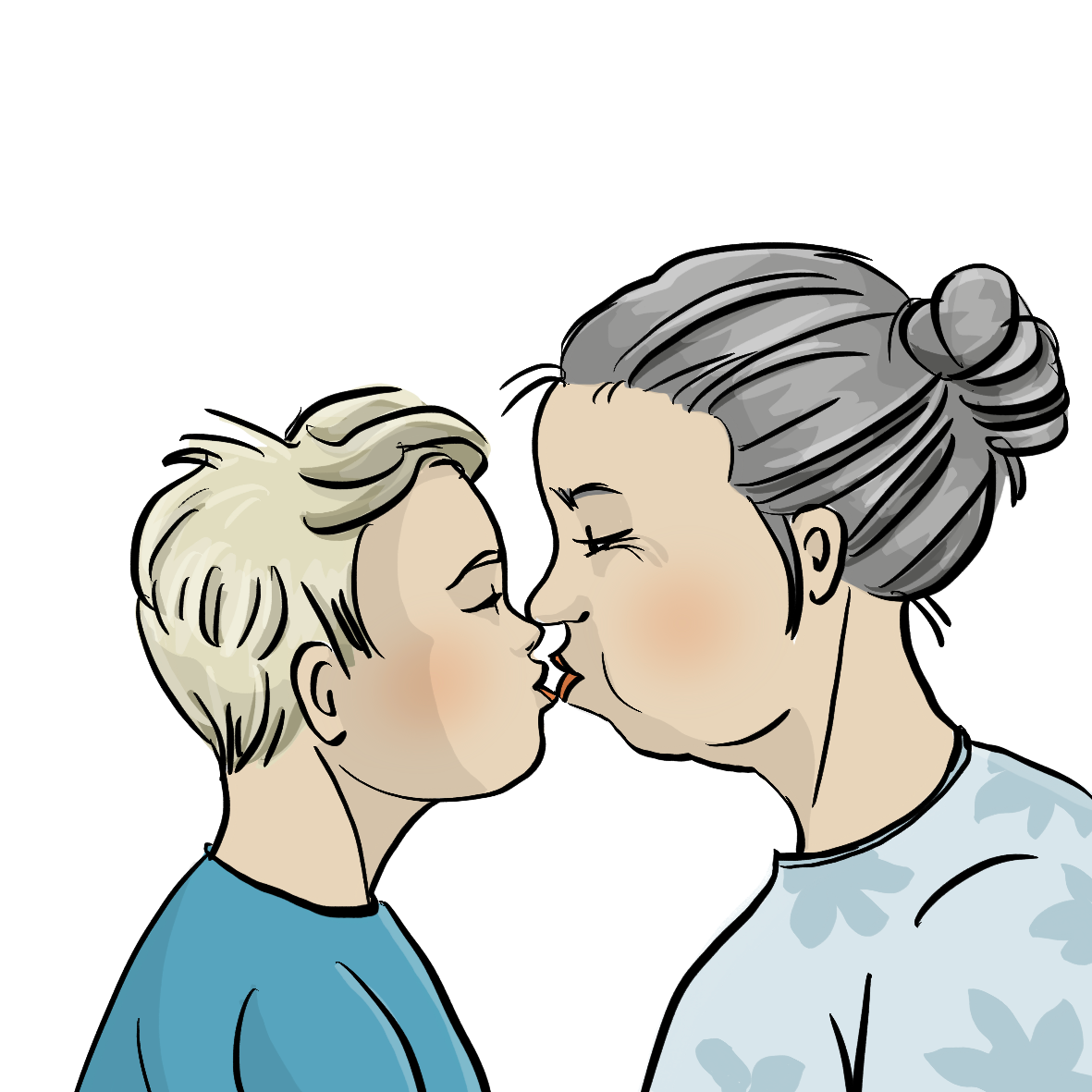 Ein Junge und eine ältere Frau geben sich ein Küsschen. 