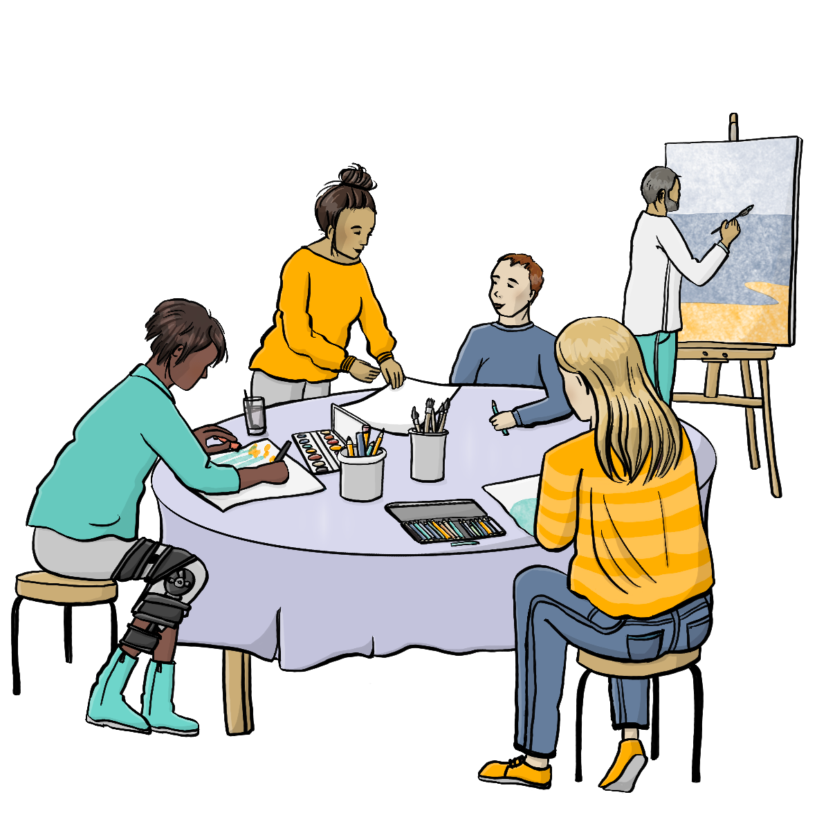 Menschen mit verschiedenen Hautfarben sitzen an einem Tisch und malen. Es sind Menschen mit und ohne Behinderung. Auf dem Tisch sind Blätter, Stifte, Pinsel und Farben. Im Hintergrund steht ein Mann an einer Staffelei. 