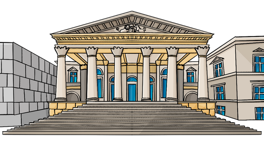 Ein großes Gebäude mit Säulen, einer breiten Treppe und einem spitzen Dach.