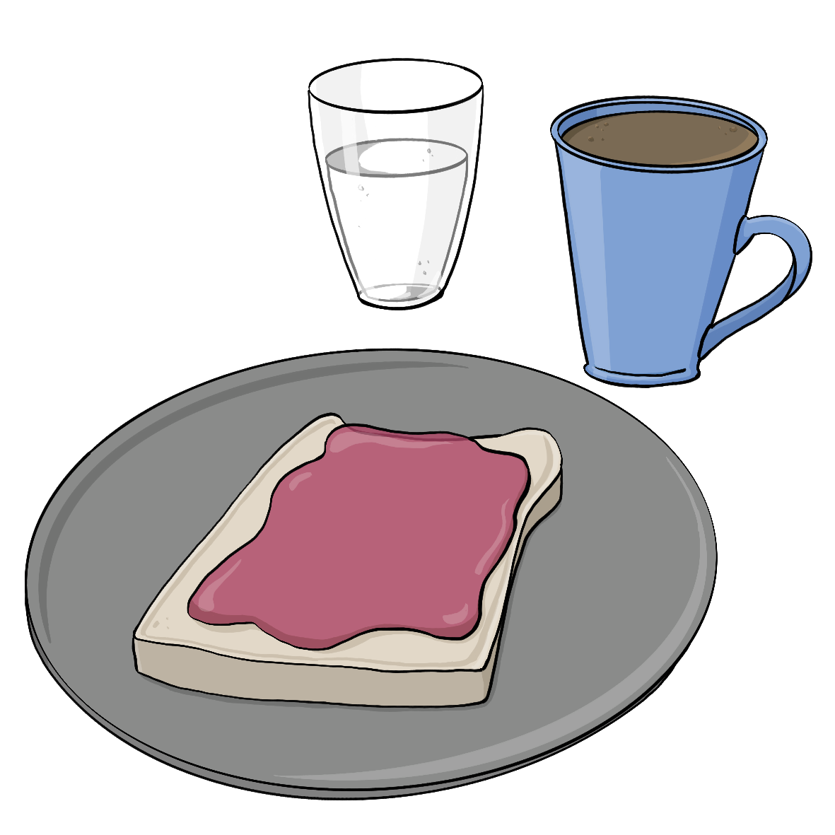 Weißbrot mit Marmelade auf einem Teller, ein Glas mit heller Flüssigkeit und eine Tasse mit brauner Flüssigkeit. 