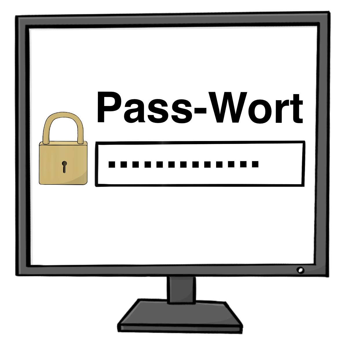 Ein Computerbildschirm mit der Anzeige: Pass-Wort. Unter der Schrift ist ein Vorhängeschloss. Daneben ist ein Eingabefeld mit einer Reihe Punkte. 