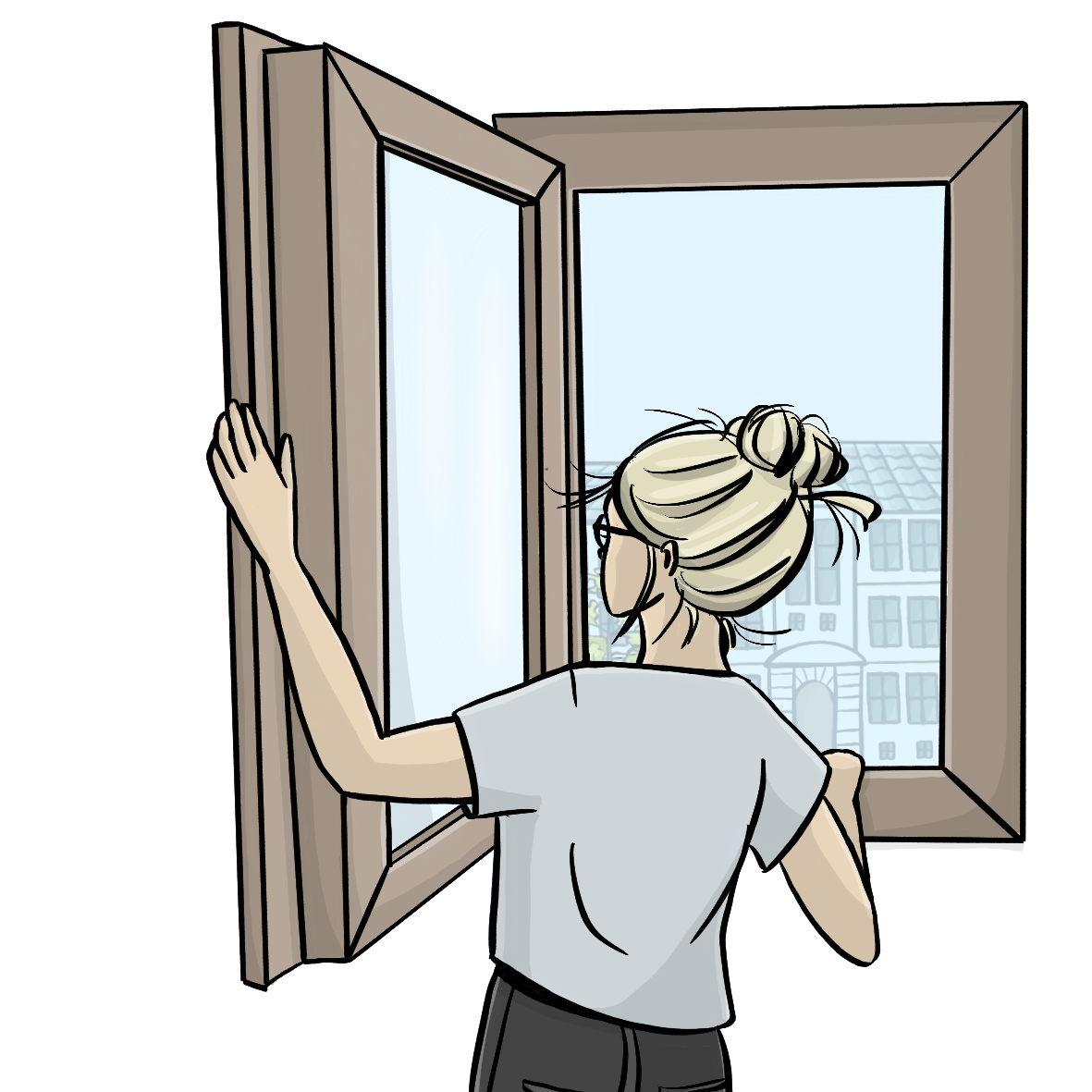 Eine Frau öffnet ein Fenster.
