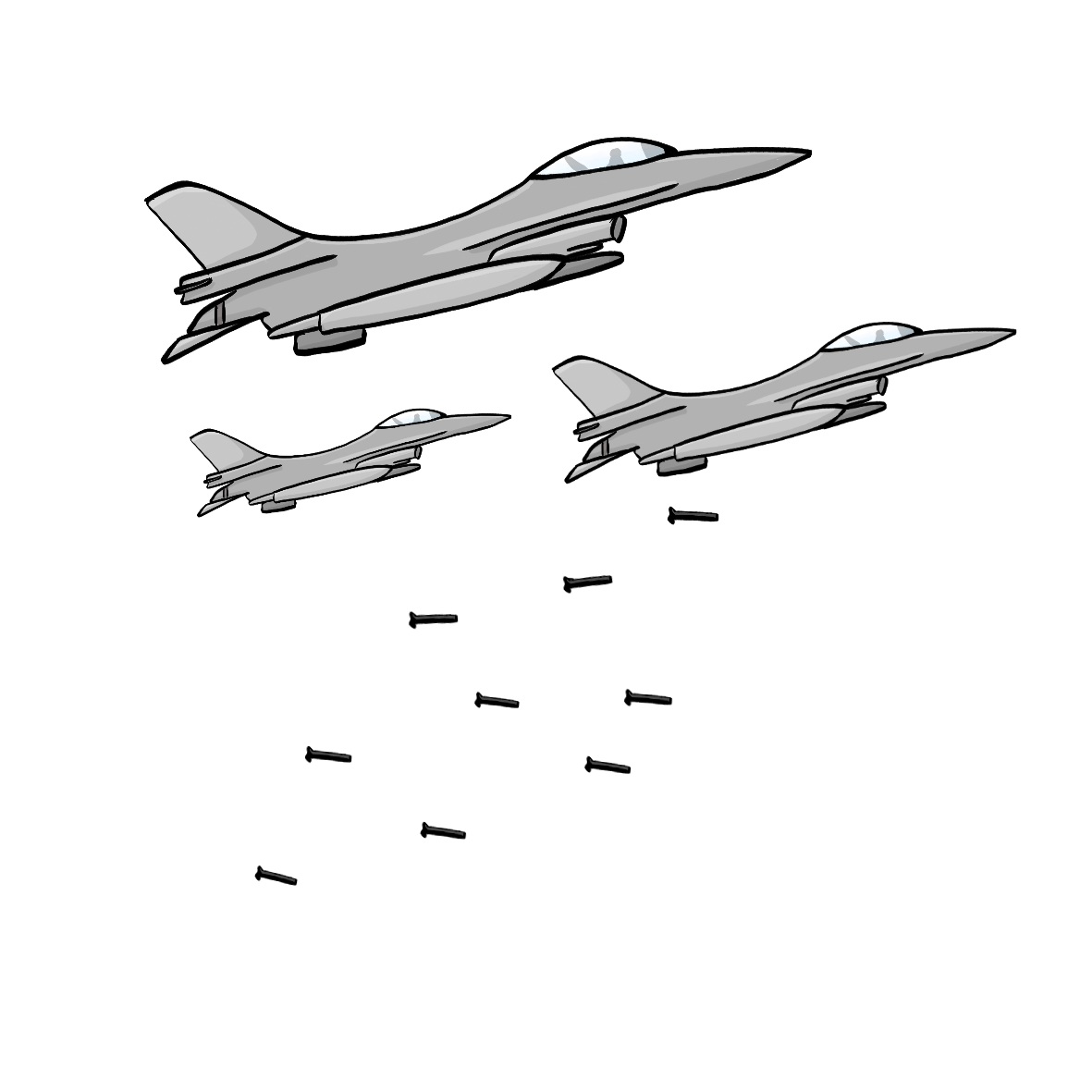 Drei Kampf-Flugzeuge. Die Flugzeuge werfen Bomben ab. 