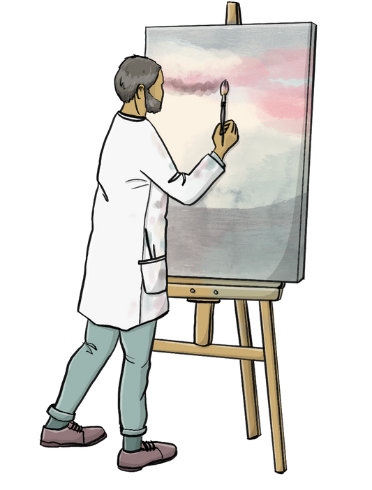 Ein Mann malt mit einem Pinsel auf einer Staffelei.