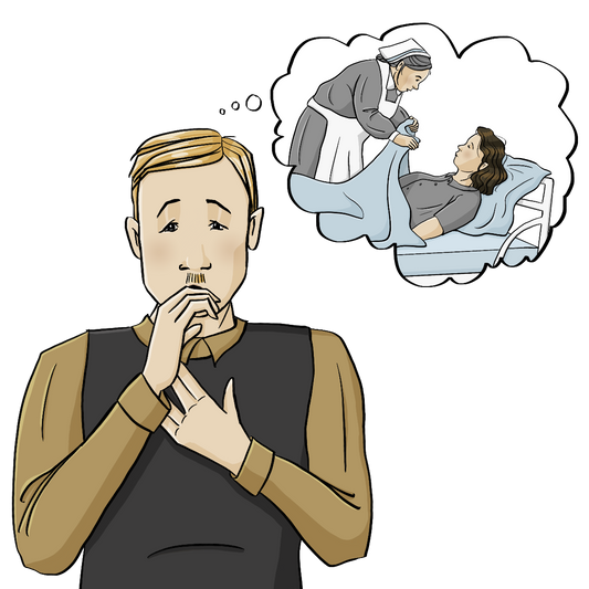 Ein Mann in Kleidung der 30er schaut besorgt und hebt die Hand zum Mund. Über ihm ist eine Denkblase mit einer Frau in einem Pflegebett. Sie wird von einer Pflegerin zugedeckt.
