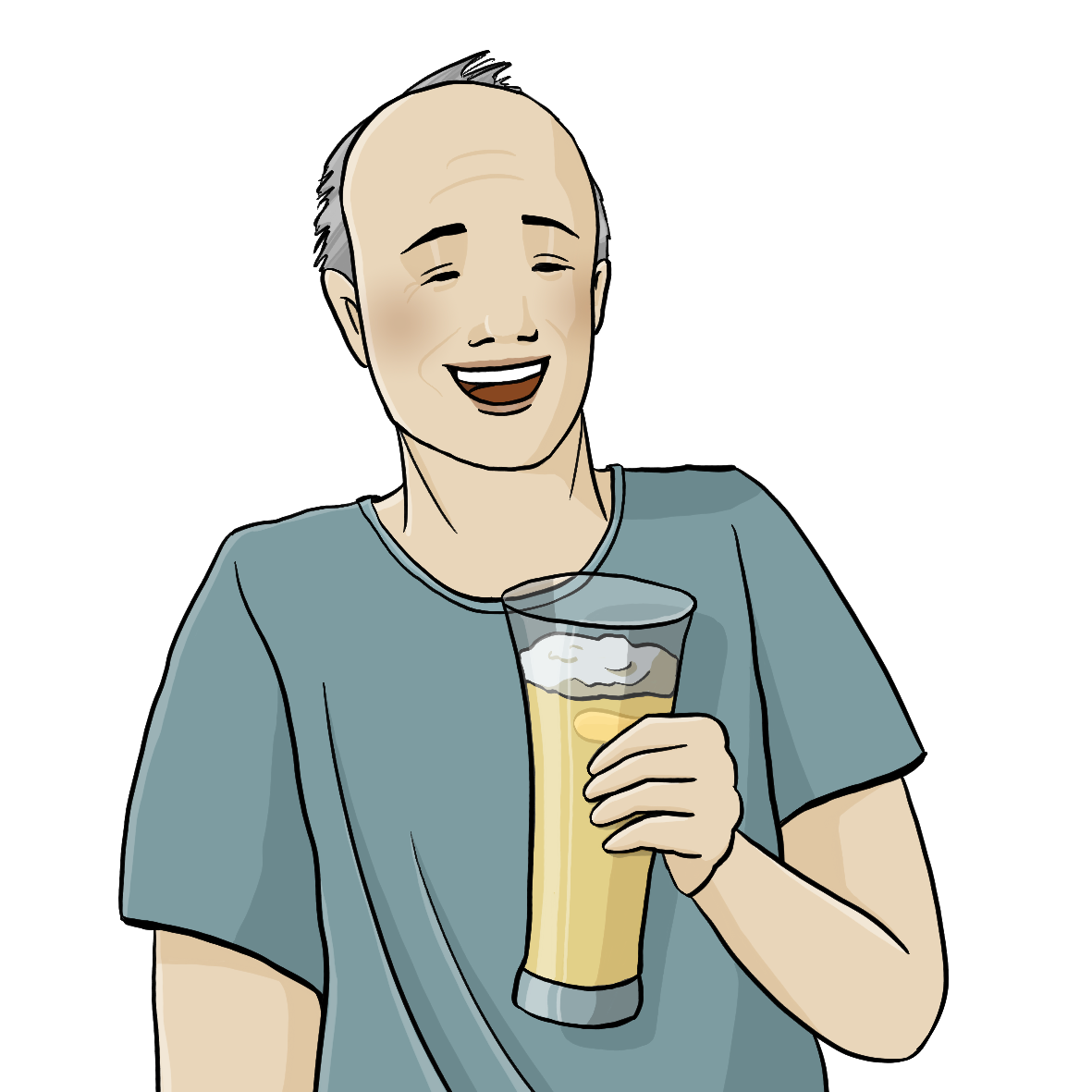 Ein Mann hält ein volles Glas Bier in der Hand. Er lacht. 