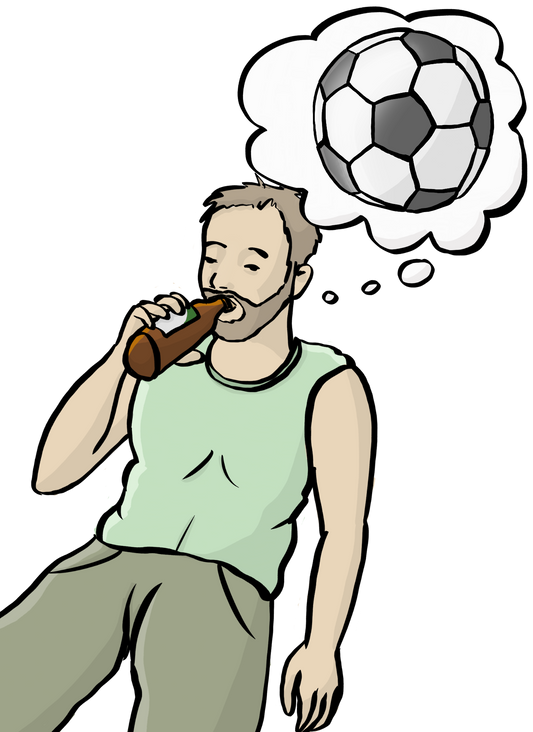 Ein Mann trinkt aus einer Flasche. Über ihm ist eine Denkblase mit einem Fußball. 