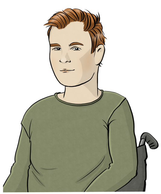 Ein Mann im Rollstuhl. Nur der Oberkörper und ein Teil vom Rückenteil des Rollstuhls sind abgebildet.