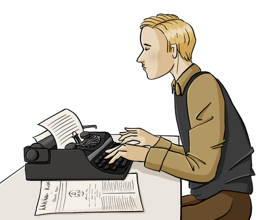 Ein Mann in Kleidung der 30er schreibt auf einer Schreibmaschine.
