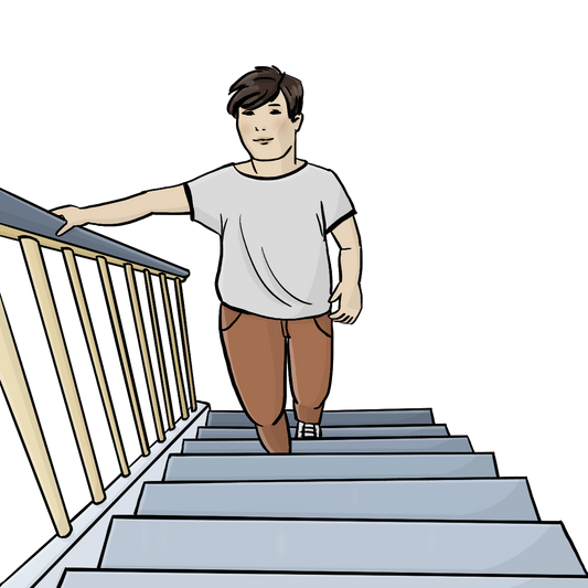Ein Mann geht eine Treppe hoch. 