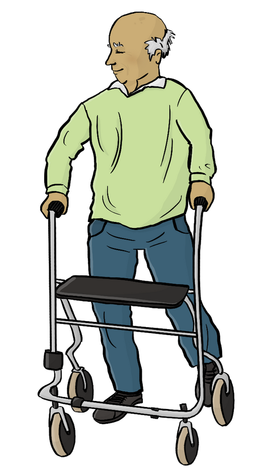 Ein älterer, fast haarloser Mann. Er schiebt einen Rollator.