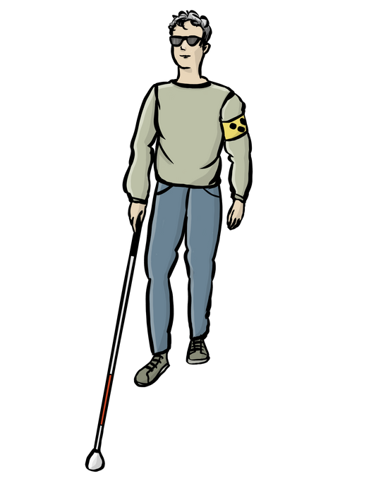 Ein Mann mit Sonnenbrille und einem Blindenstock. Am Arm trägt er eine Blindenbrille.