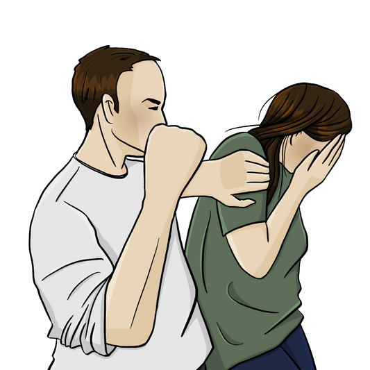 Ein Mann hält eine Frau an der Schulter Fest. Seine Faust ist erhoben. Die Frau bedeckt ihr Gesicht mit den Händen.