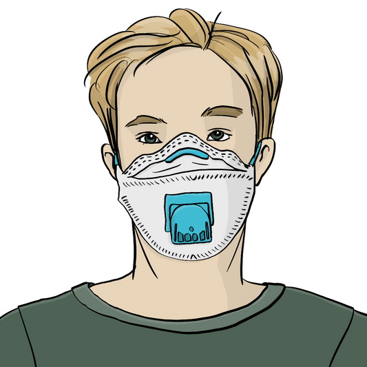 Ein Mann trägt einen medizinischen Mundschutz mit Filter.