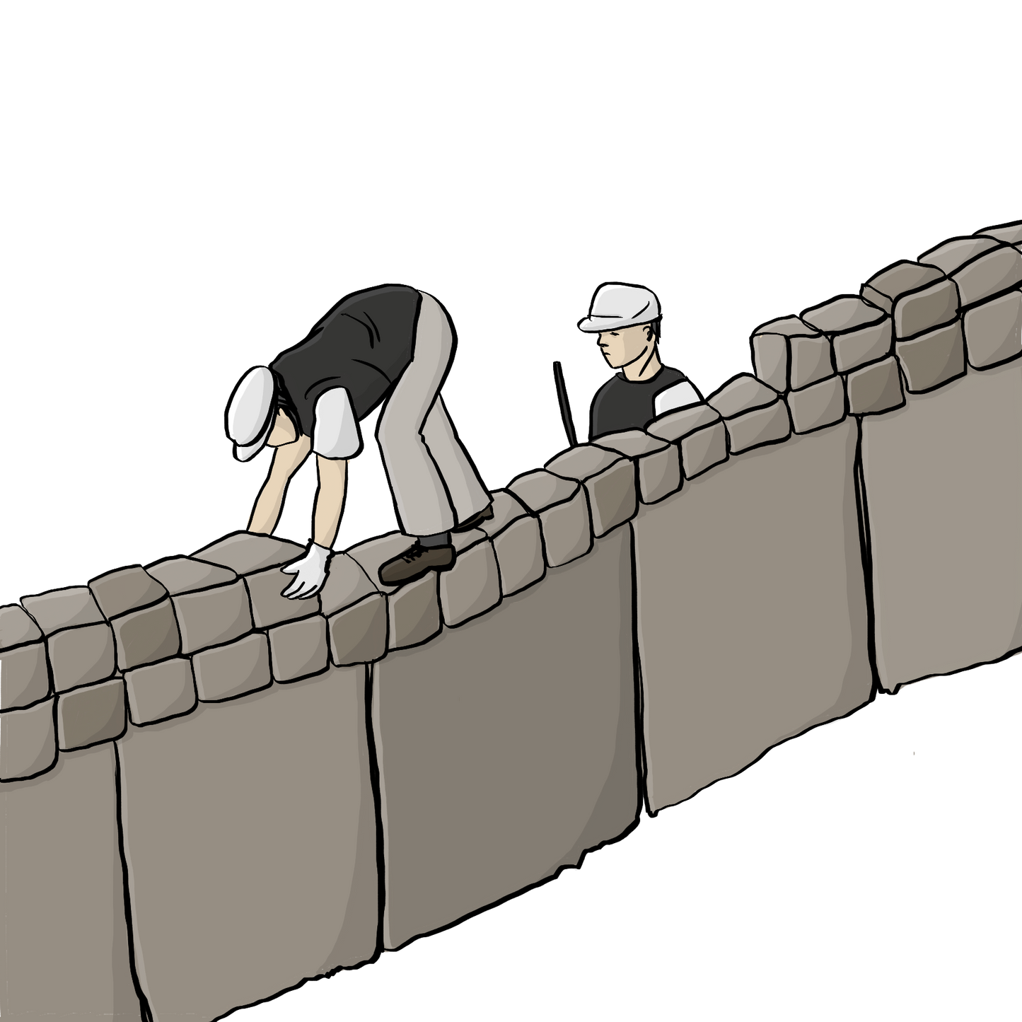 Ein Arbeiter steht auf einer Mauer und setzt Steine ein. Hinter der Mauer steht ein anderer Arbeiter. 