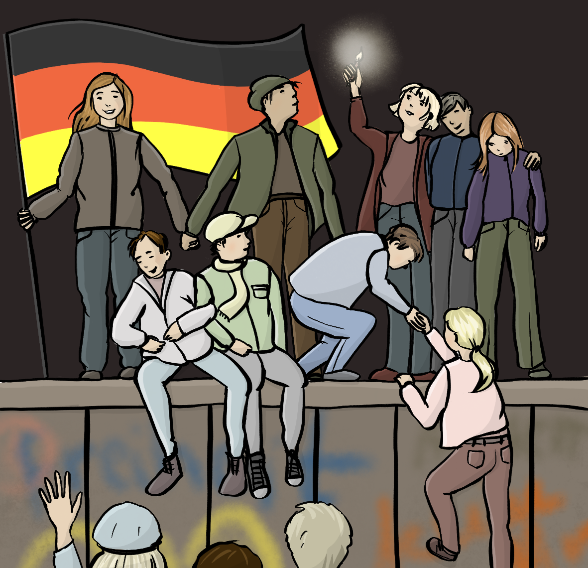 Viele Menschen stehen und sitzen auf einer mit Grafitti besprühten Mauer. Sie halten eine Deutschlandfahne und Wunderkerzen oder halten sich an den Händen. Vor der Mauer stehen auch Menschen. Eine Frau klettert auf die Mauer. Es ist dunkel.