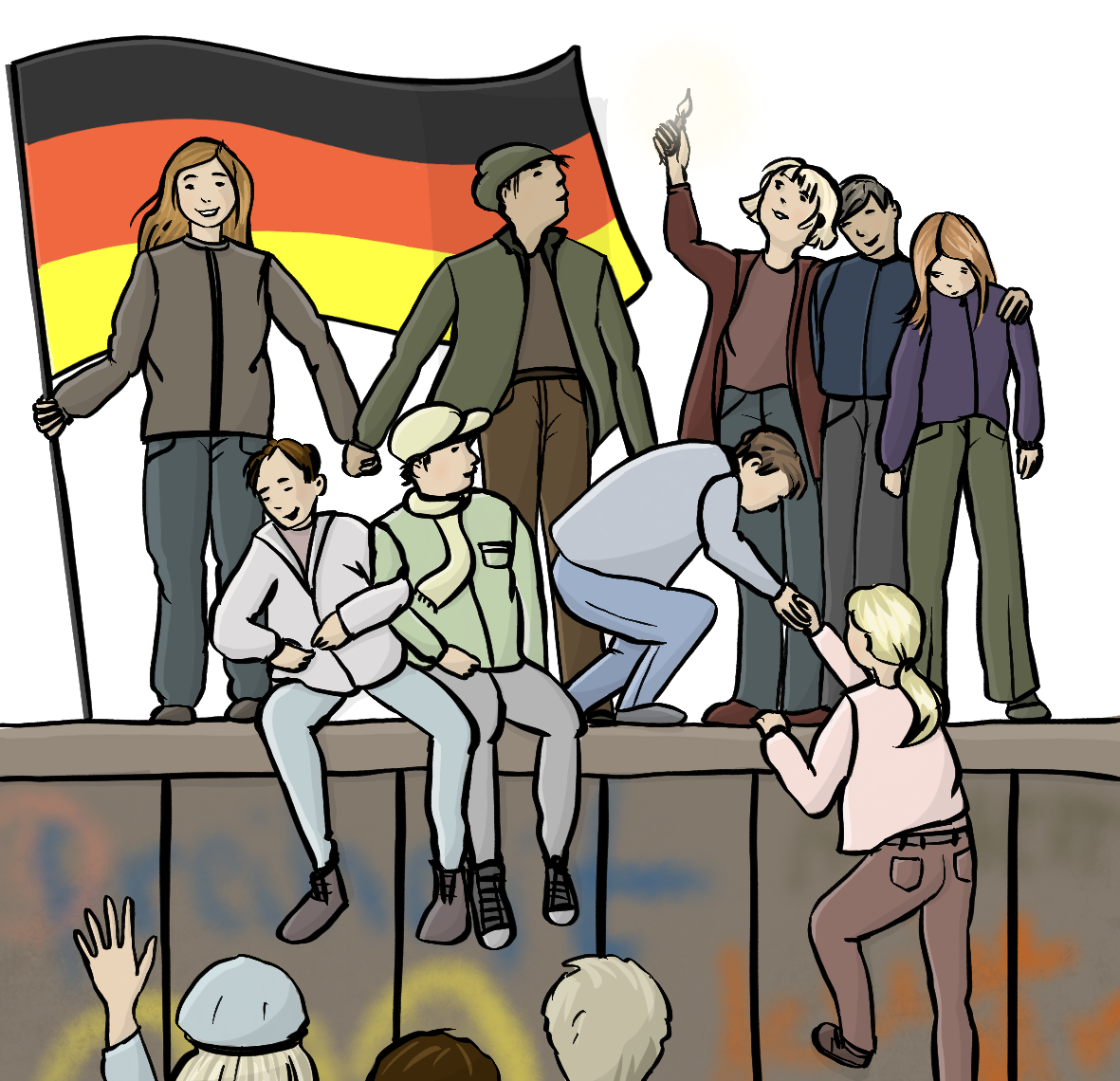 Viele Menschen stehen und sitzen auf einer mit Grafitti besprühten Mauer. Sie halten eine Deutschlandfahne und Wunderkerzen oder halten sich an den Händen. Vor der Mauer stehen auch Menschen. Eine Frau klettert auf die Mauer. Es ist hell.