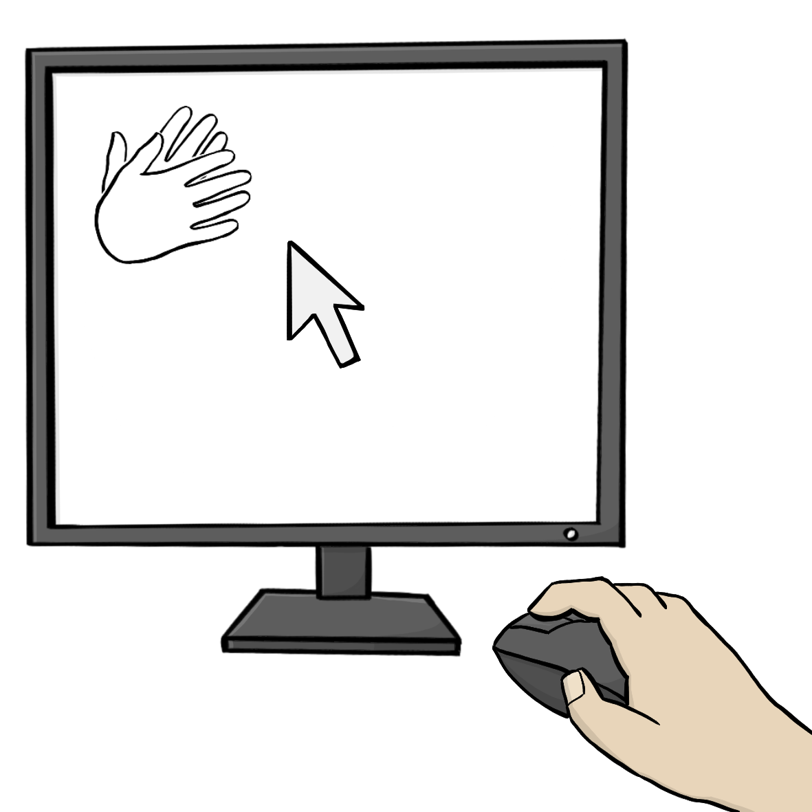 Ein Computerbildschirm und eine Hand auf einer Computermaus. Auf dem Bildschirm ist ein Pfeil und zwei Hände in schwarz weiß. Die Hände deuten eine Gebärde an. 