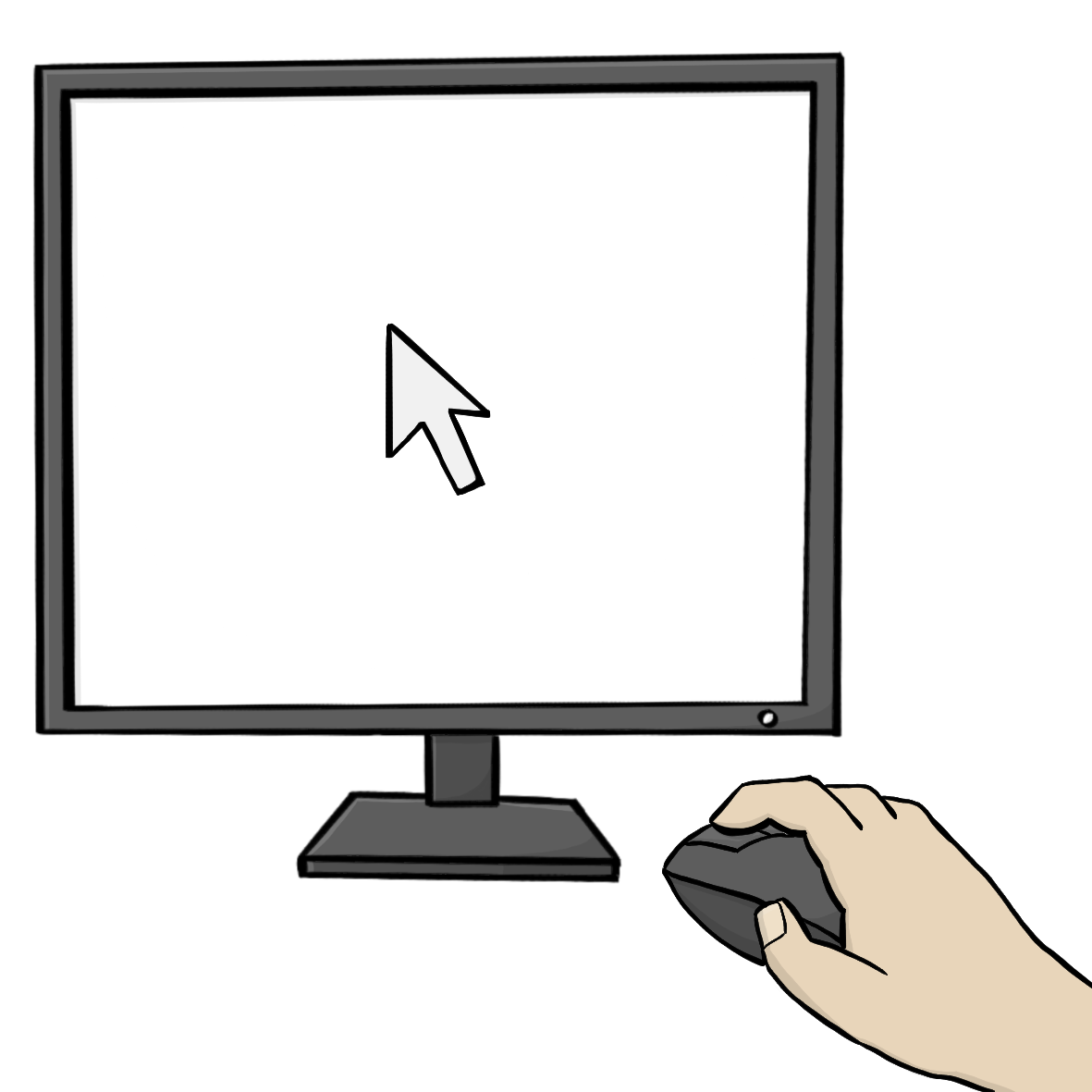 Ein Computerbildschirm und eine Hand auf einer Computermaus. Auf dem Bildschirm ist ein Pfeil.