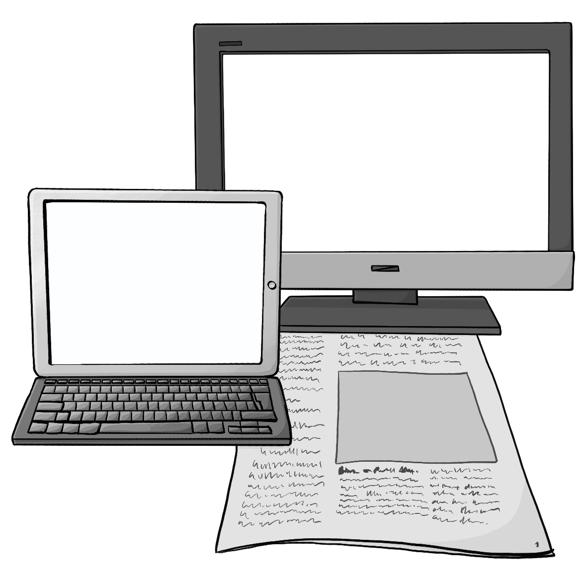 Ein leerer Fernsehbildschirm, ein Laptop mit leerem Bildschirm und eine Zeitung.