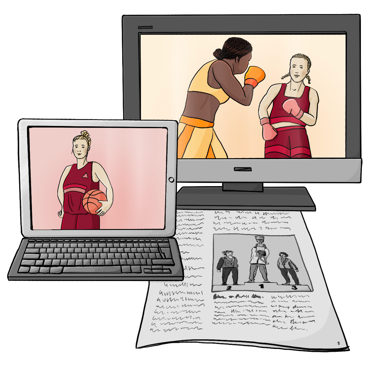 Ein Fernseher mit dem Bild von einem Boxkampf von zwei Frauen, ein Laptop mit dem Bild einer Basketballspielerin und eine Zeitung mit einem Bild von einer Siegerehrung mit drei Frauen. 