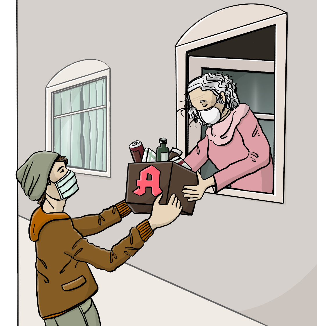 Ein Mann reicht einer älteren Frau einen Karton mit Medikamenten durchs Fenster hinein. Beide tragen Mundschutz. 