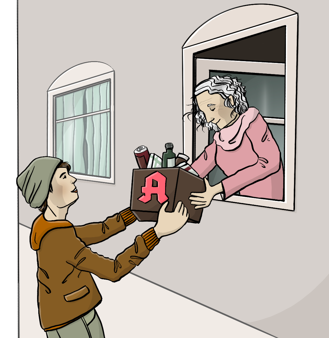 Ein Mann reicht einer älteren Frau einen Karton mit Medikamenten durchs Fenster hinein. 