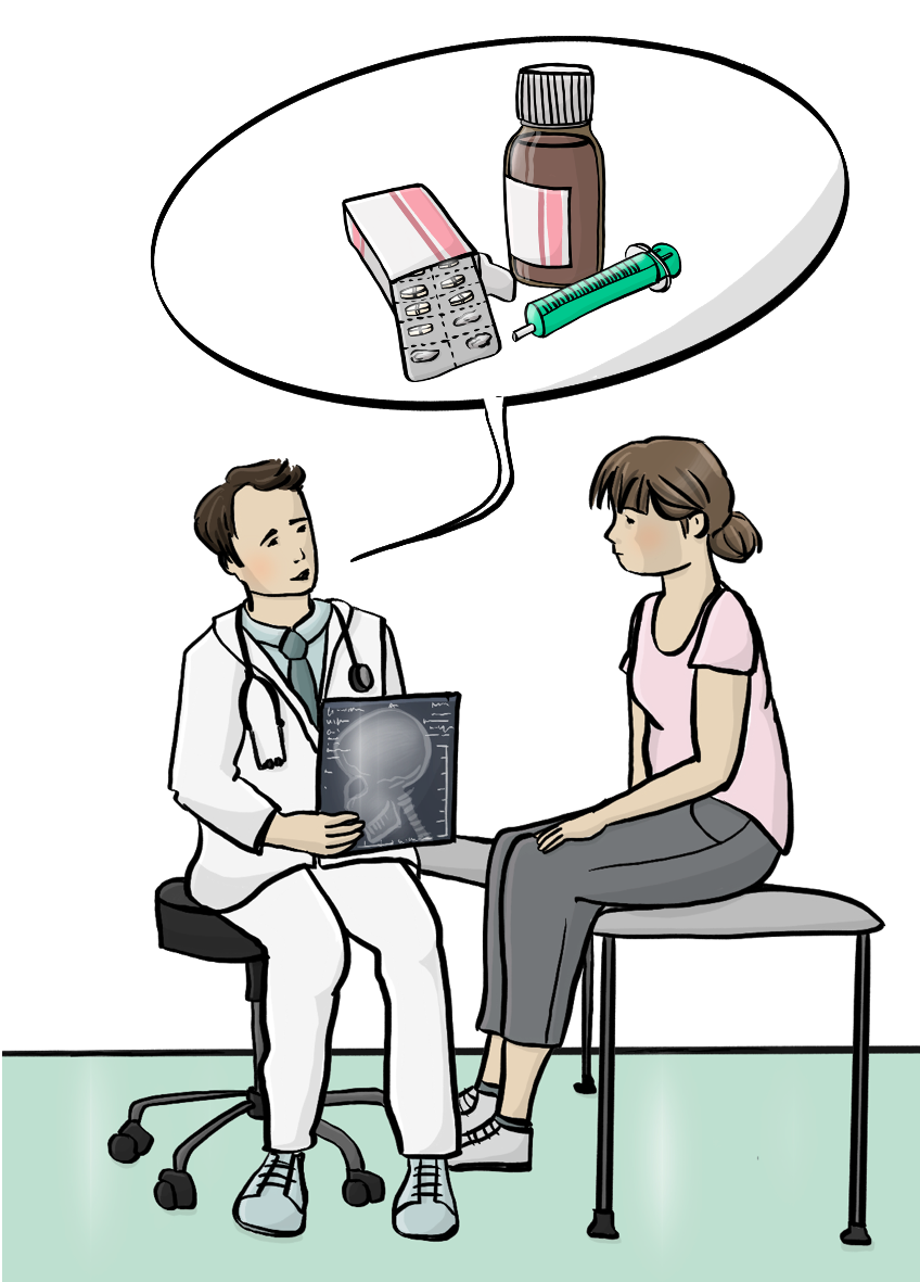 Eine Frau sitzt auf einer Untersuchungsliege. Vor ihr sitzt ein Arzt mit einem Röntgenbild in der Hand. Über dem Arzt ist eine Sprechblase mit Medikamenten. 