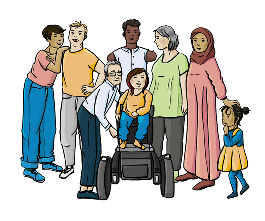 Eine Gruppe verschieden alter Menschen mit verschiedenen Hautfarben. Es sind Menschen mit und ohne Behinderungen.