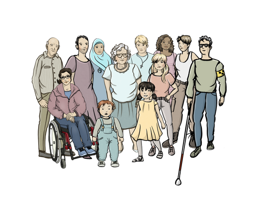 Eine Gruppe verschieden alter Menschen mit verschiedenen Hautfarben. Es sind Menschen mit und ohne Behinderungen.