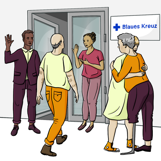 Menschen begrüßen sich vor einem Gebäude mit offener Glastür. An der Wand hängt ein Schild mit der Aufschrift: Blaues Kreuz