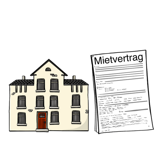 Ein Dokument mit der Aufschrift: Mietvertrag. Daneben ist ein Haus.
