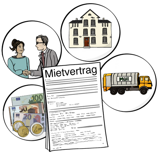Ein Dokument mit der Aufschrift: Mietvertrag. Um das Dokument herum sind Kreise. In den Kreisen sind Bilder: Geld, zwei Personen, die sich die Hand geben, ein Haus und ein Müllwagen.