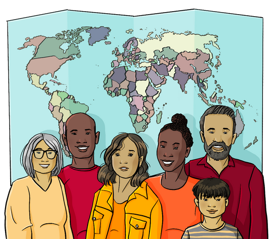 Menschen mit verschiedenen Hautfarben stehen vor einer Weltkarte. 