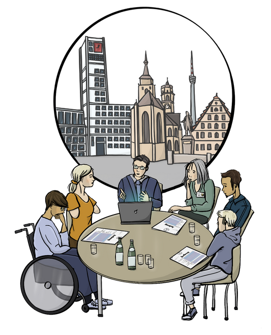 Menschen mit verschiedenen Hautfarben sitzen an einem Tisch. Es sind Menschen mit und ohne Behinderungen. Auf dem Tisch sind Papiere, ein Laptop und Getränke. Im Hintergrund ist ein Kreis mit der Silhouette einer Stadt.