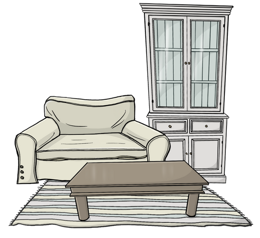 Ein Tisch und ein Sofa stehen auf einem Teppich. Im Hintergrund steht ein Schrank.