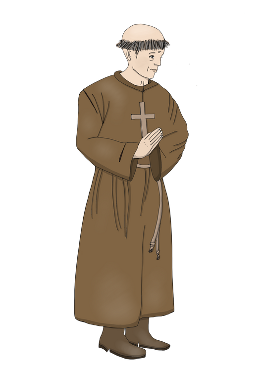 Ein Mann in Brauner Kutte. Die Haare sind zu einer Tonsur geschnitten. Er trägt ein Kreuz um den Hals.