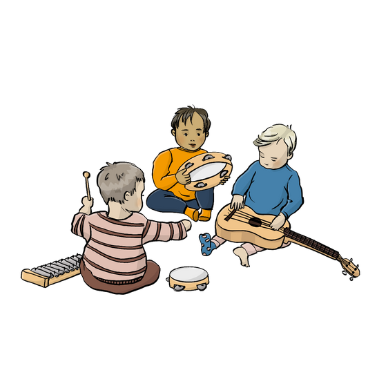 Drei Krabbelkinder sitzen im Kreis und spielen mit einer Gitarre, einem Glockenspiel und Tamburinen. 