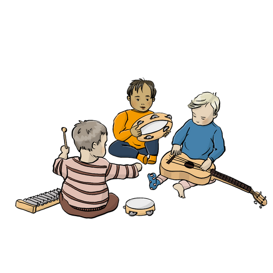 Drei Krabbelkinder sitzen im Kreis und spielen mit einer Gitarre, einem Glockenspiel und Tamburinen.