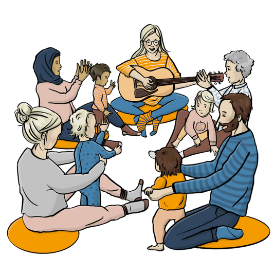 Eine Frau spielt Gitarre. Um sie herum sitzt eine Gruppe Erwachsene mit Krabbelkindern auf dem Schoß.
